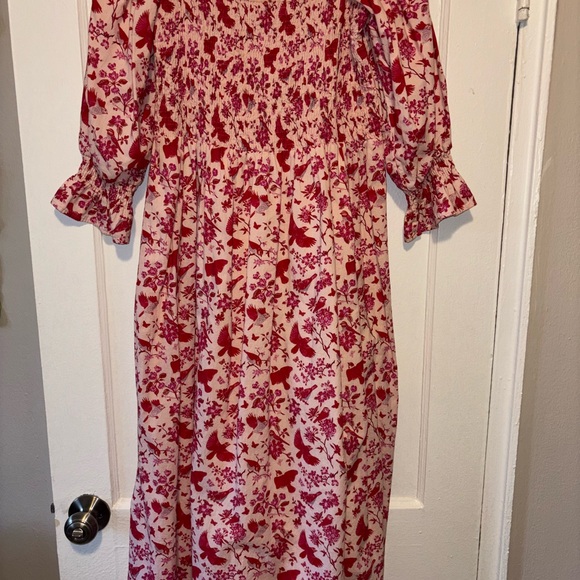 Victoria Dunn Songbird Smocked Floral Block Print Off Shoulder Midi M Cotton - Picture 2 of 6